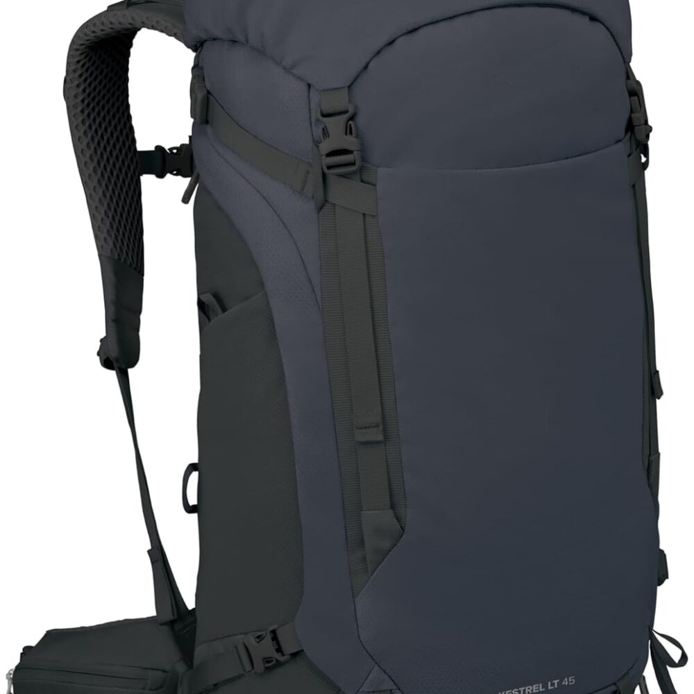 Osprey Kestrel LT 45L Men's Backpacking Backpack - Lightweight Hiking & Camping Bag with Waterproof Raincover, Black