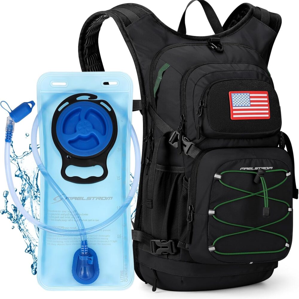 Maelstrom Lightweight Hydration Hiking Backpack with 2L/3L Water Bladder | BPA-free, High Flow Bite, Insulated Compartment, Reflective Strip, Utility Pockets, Perfect for Running, Cycling, Marathon