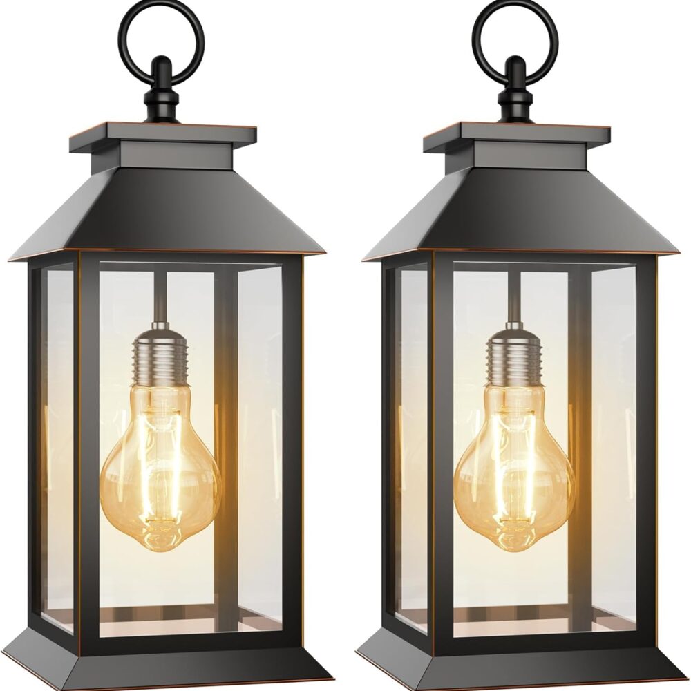 2 Pack Solar Lanterns Outdoor, Hanging Glass Solar Lights Waterproof, Dual Power Solar & 2*AA Battery, for Porch, Patio, Yard and Indoor Table or Mantel